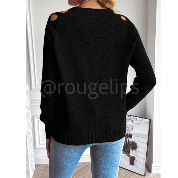 Black Knit Criss Cross Straps Cut Out Sleeve Sweater Pullover - Picture 3 of 11